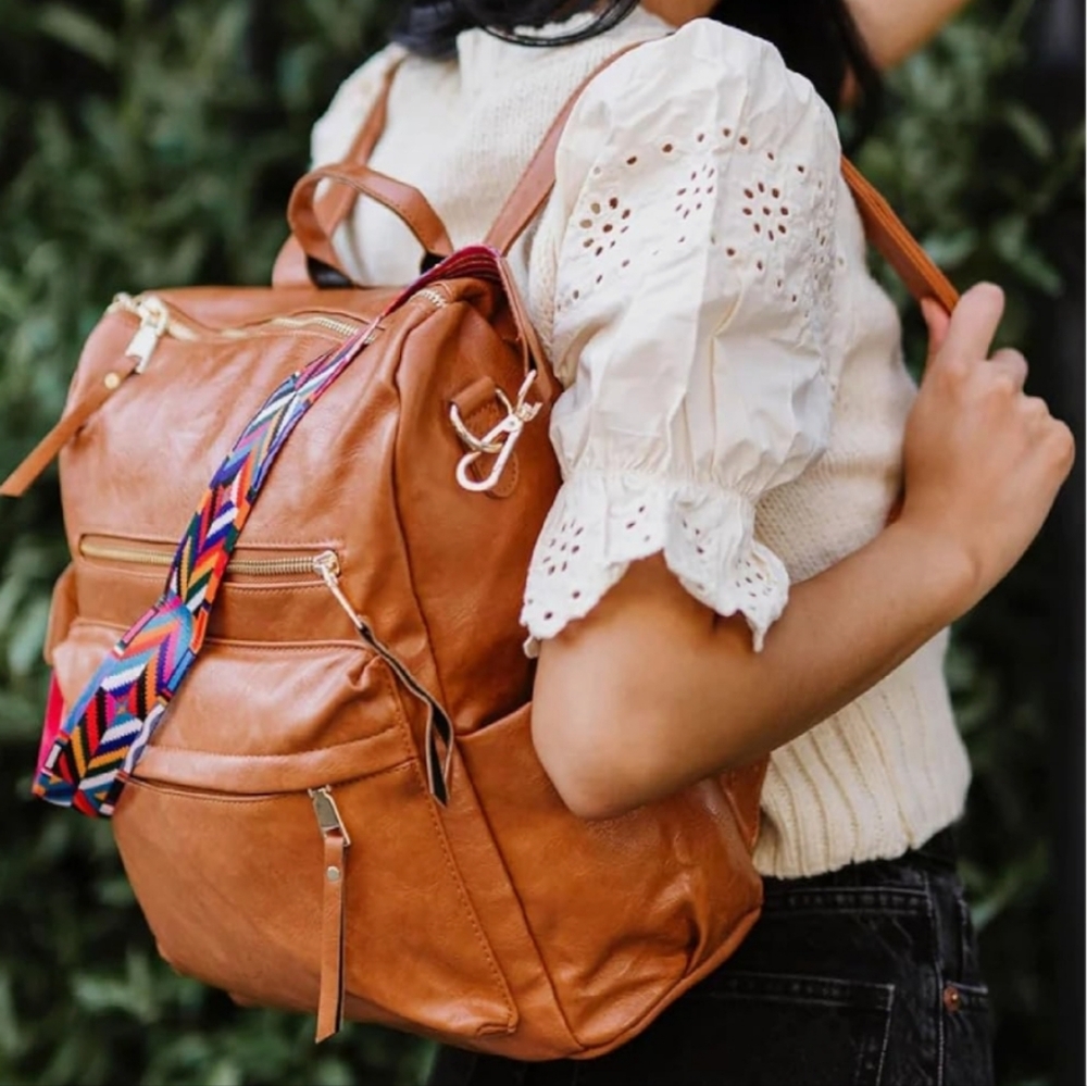 Modern+Chic Brown Backpack/Purse with Colorful Reversible/Removable Strap - Picture 12 of 12